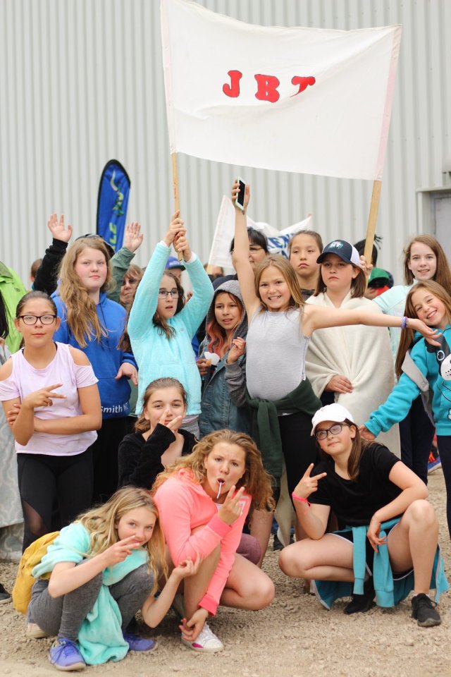 A group of girls from JBT Elementary School in Fort Smith at the opening ceremony of the 2018 NWT Track and Field Championships in Hay River. Sarah Pruys/South Slave Divisional Education Council