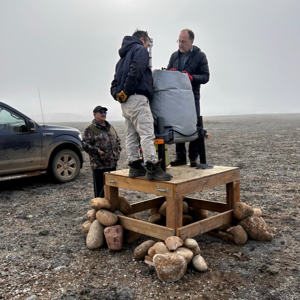 A wind resource assessment taking place outside Paulatuk. Photo supplied by Grace Nakimayak