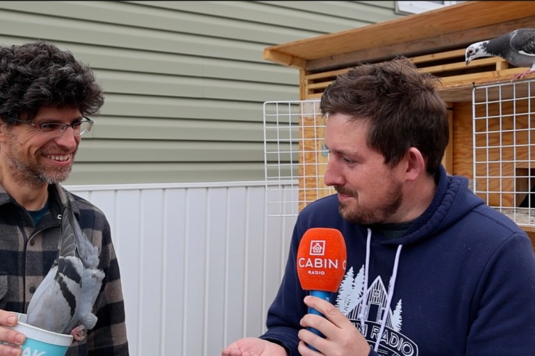 Pigeon flyer Patrice Lapointe and Ollie Williams. Caelan Beard/Cabin Radio.