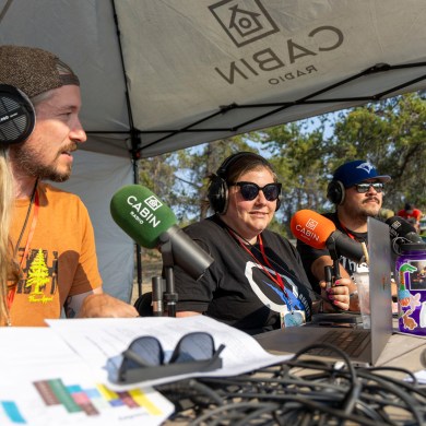 From left: Scott Letkeman, Emily Blake and Jesse Wheeler at Folk on the Rocks 2024. Ollie Williams/Cabin Radio