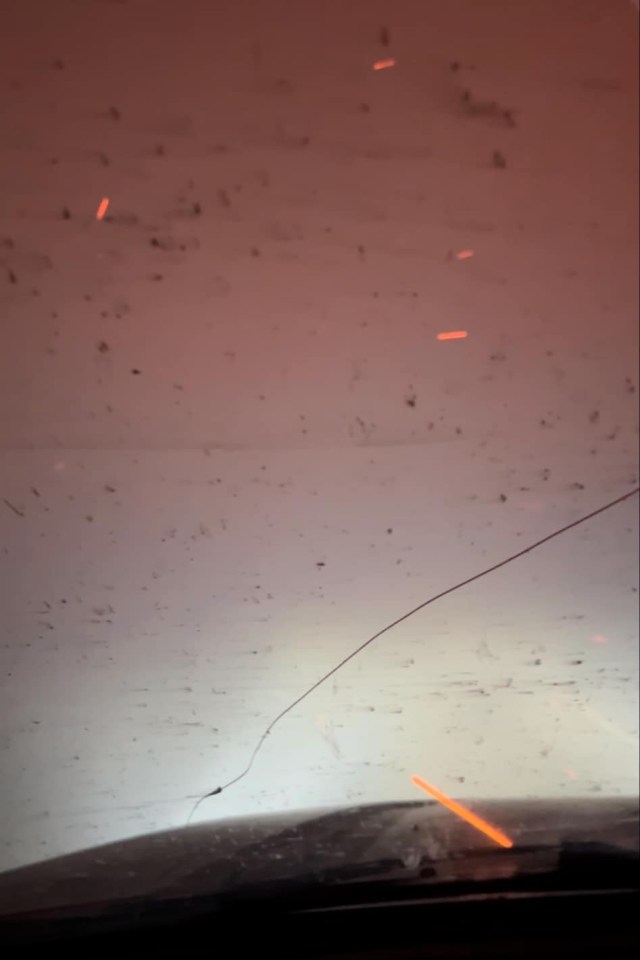 Embers and debris land on the windshield of a vehicle at the Alberta border in August 2024. Photo submitted by Dylan Jones