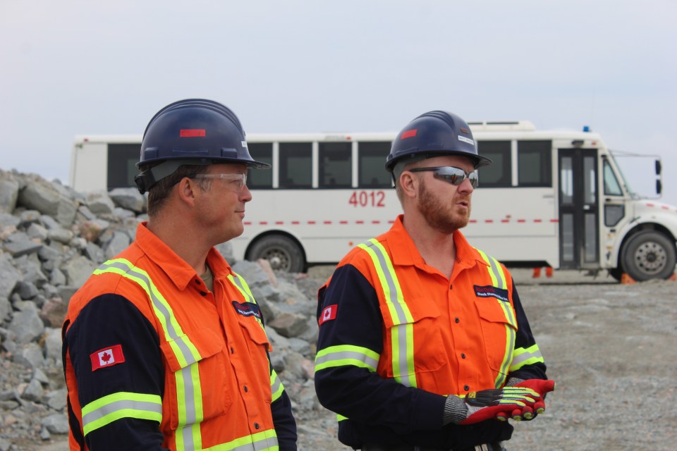 Gord Stephenson, left, and Matthew Breen at the Diavik diamond mine in August 2024. Aastha Sethi/Cabin Radio