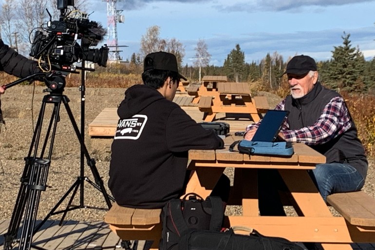Chief Julius School students interview John and Judy Osborne for a documentary film. Photo: Gwich'in Tribal Council