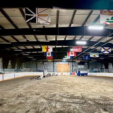 Work taking place at Norman Wells' arena in October 2024. Andrew Goodwin/Cabin Radio
