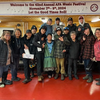 The Athabascan Fiddlers Festival brought together youth musicians from the Mackenzie Delta, including Kiedyn Nerysoo, Gavin Francis, Brendan Vittrekwa, Tucker Gordon, Zody Kay and Ethan Koe, pictured here with festival organizers. Photo: Submitted
