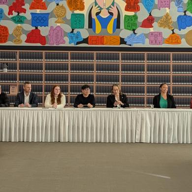 Initialling of the Tłegǫ́hłı̨ Got’įnę final self-government agreement in November 2024. From left: Andrew Webster, Roch Vézina, Catherine Moriarity, Paul Tan, Ethel Blondin-Andrew, Melissa Kruger and Taylor Chamberlain. Photo: Submitted