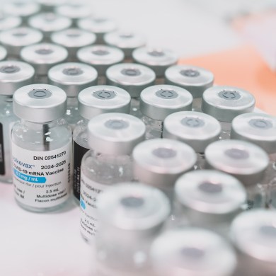 Vials of Covid-19 vaccine at a Yellowknife clinic in 2024. Sarah Pruys/Cabin Radio