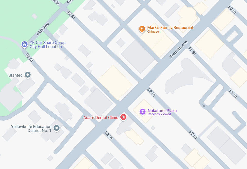 A screenshot shows Google Maps listing the Nakatomi Plaza where the Northwestel Building ordinarily (and indeed still) resides.