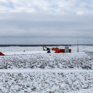 Equipment on an island in the Mackenzie River at Norman Wells. Andrew Goodwin/Cabin Radio