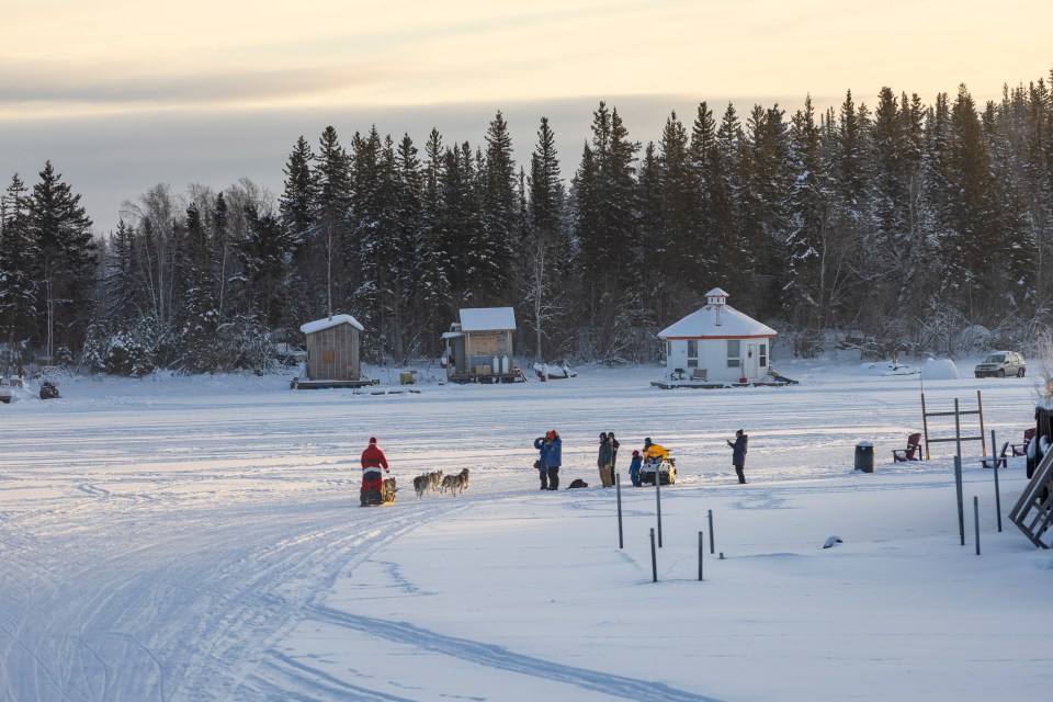 Santa Claus and his dog team on Yellowknife Bay in December 2024. Ollie Williams/Cabin Radio