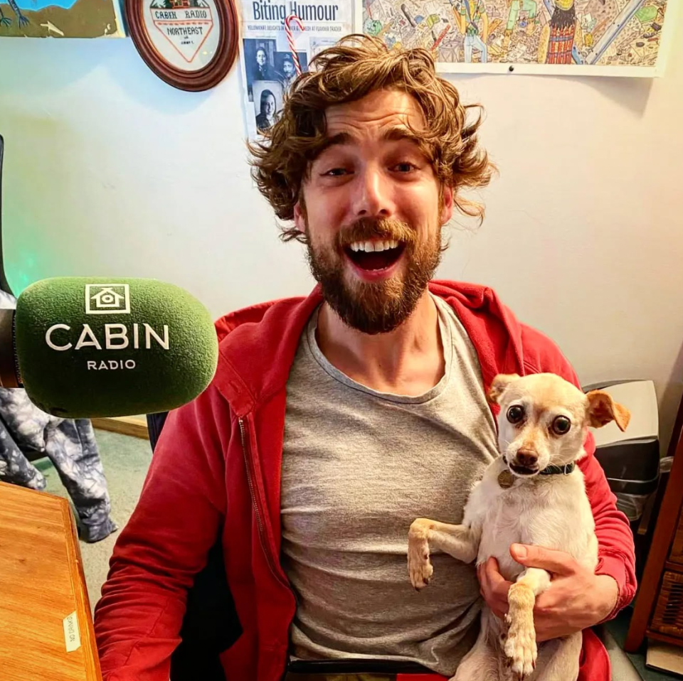 Dustin Milligan and a dog in Studio One in December 2022. Photo: Clams 'n' Moose