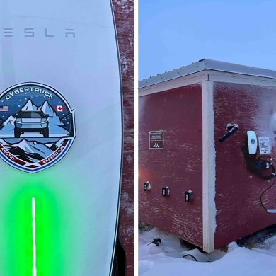A Tesla Destination Charger at the Arctic Ocean in Tuktoyaktuk. Photo: Hamlet of Tuktoyaktuk