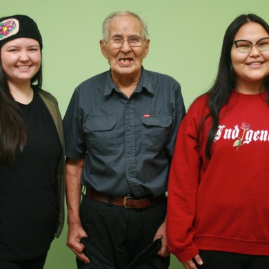 Peter Ross (centre) and two of his granddaughters, Dinah Blake (left) and Shaylene Shae (right), were elected to Tsiigehtchic’s hamlet council. Photo: Lawrence Norbert