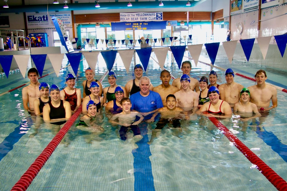 Ian, centre, at his last practice as the Polar Bear Swim Club head coach. Photo: Submitted