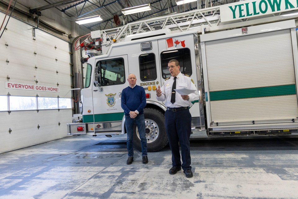 Wounded Warriors Canada's Scott Maxwell, left, and NWT Fire Chiefs' Association president Nelson Johnson. Ollie Williams/Cabin Radio
