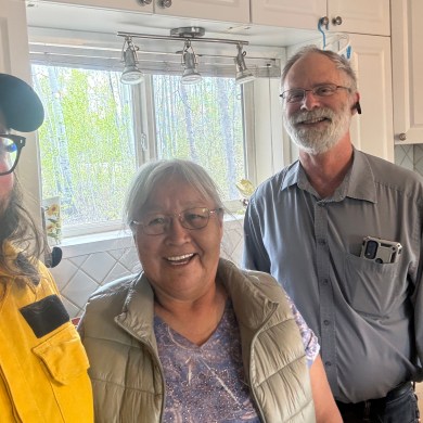Mike Westwick, Rosie Betthale-Reid and Walter Pope take a selfie after recording a wildfire update for Fort Liard residents to air on the local radio station. Photo submitted by Mike Westwick