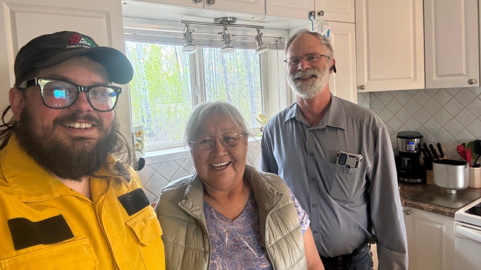 Mike Westwick, Rosie Betthale-Reid and Walter Pope take a selfie after recording a wildfire update for Fort Liard residents to air on the local radio station. Photo submitted by Mike Westwick