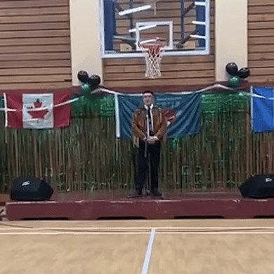 A still from a live stream shows Frederick Blake Jr speaking to a crowd in Tsiigehtchic after having been sworn in as Grand Chief of the Gwich’in Tribal Council on January 31, 2025.