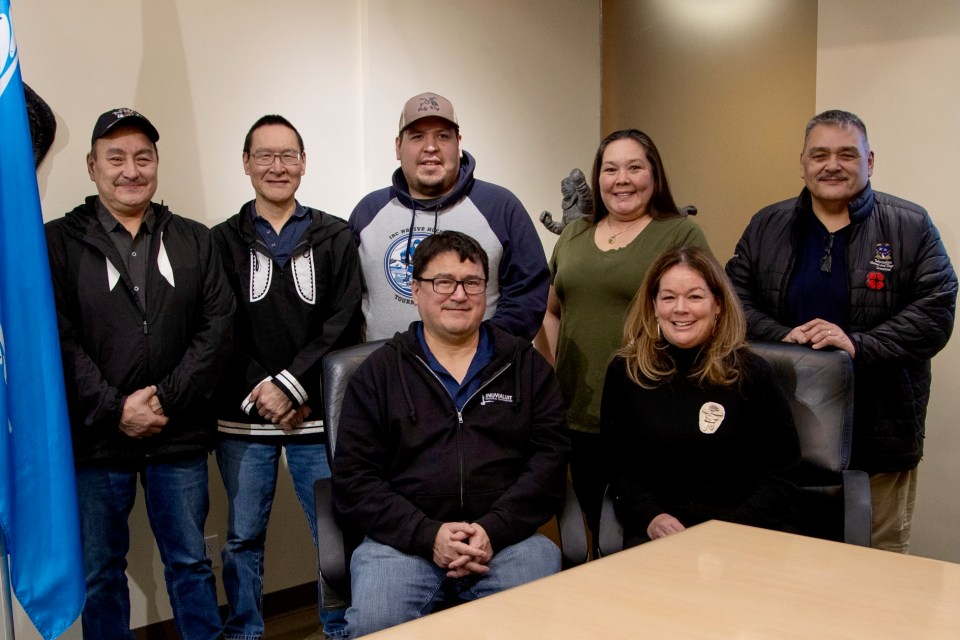 Back row from left: John Lucas Jr of Sachs Harbour, Colin Okheena of Ulukhaktok, Jordan McLeod of Aklavik, Melinda Gillis of Inuvik and Darrel Nasogaluak of Tuktoyaktuk with, front from left, IRC Chair Duane Smith and the CIB’s Hillary Thatcher. Photo supplied by CIB