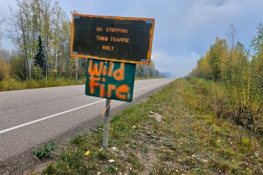 Signs by the side of Highway 77 in northern BC in September 2024. Ollie Williams/Cabin Radio