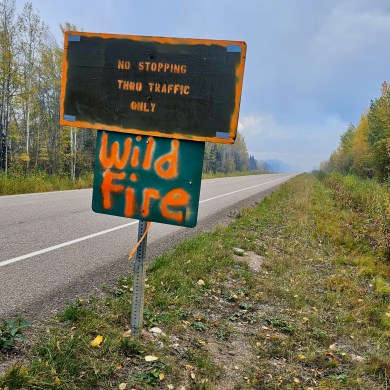 Signs by the side of Highway 77 in northern BC in September 2024. Ollie Williams/Cabin Radio