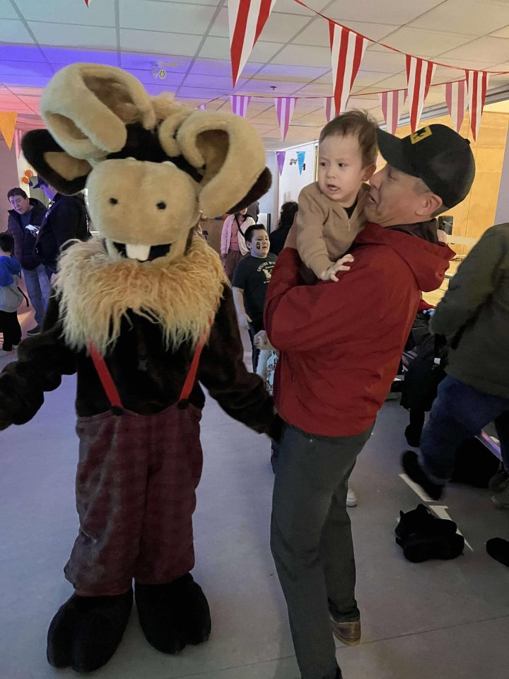 The Wood Buffalo Frolics mascot greets a happy customer. Photo: Submitted