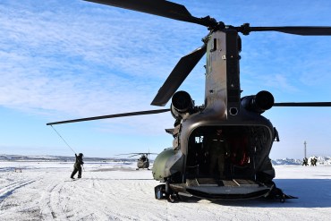 A Chinook helicopter in Inuvik for Operation Nanook-Nunalivut in March 2025. Emily Blake/Cabin Radio