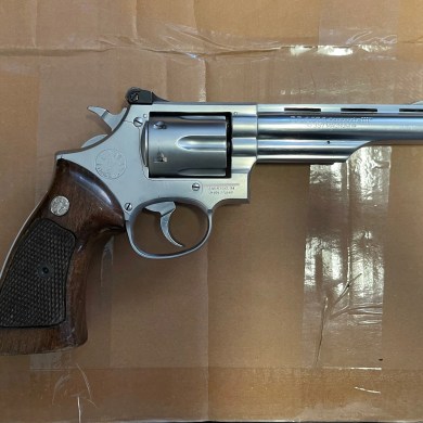 A handgun that RCMP say was seized during a search of a vehicle on the Mackenzie Valley winter road.