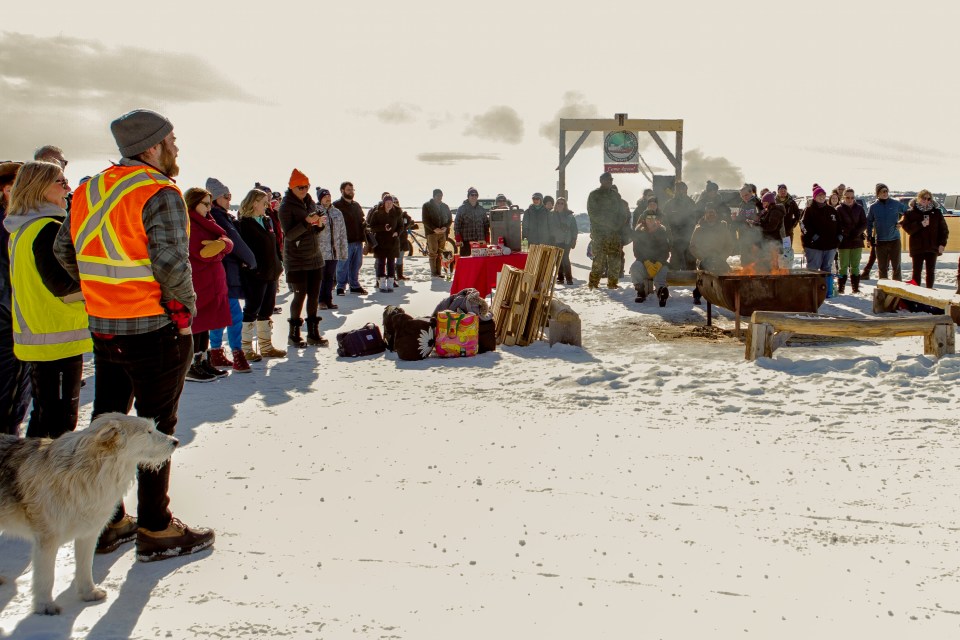 Arctic Duchess's Jake Olson, left, spectators and participants assemble at the start of the event. Photo: Val Pond Photography