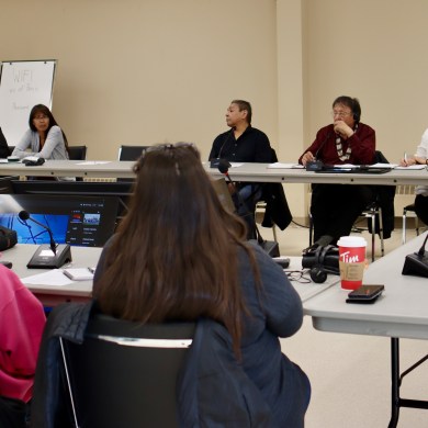Dehcho leaders assemble at Yellowknife's Tree of Peace Friendship Centre on April 22, 2025. Aastha Sethi/Cabin Radio
