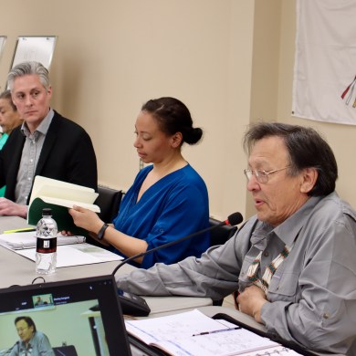 Premier RJ Simpson at a Dehcho First Nations meeting in Yellowknife. Aastha Sethi/Cabin Radio