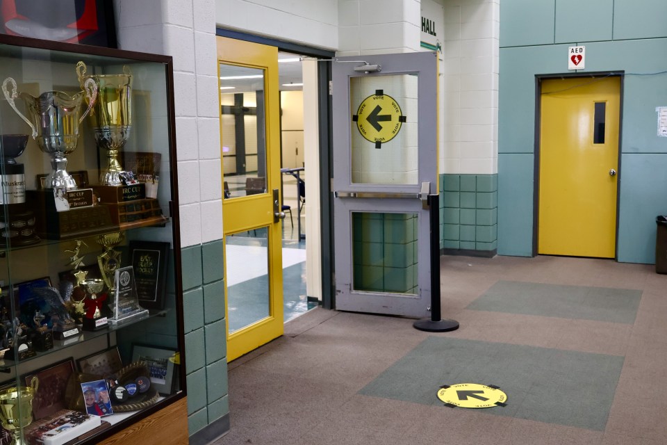 The polling station at Inuvik's Midnight Sun Complex in April 2025. Claire McFarlane/Cabin Radio