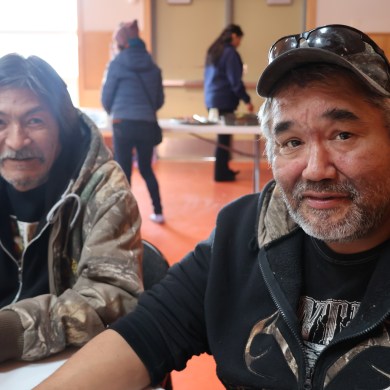 Fort Good Hope's Norman Pierrot, left, Aron Ellton. Aastha Sethi/Cabin Radio