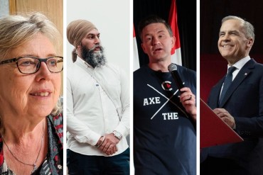 From left, Green Party Leader Elizabeth May, NDP Leader Jagmeet Singh, Conservative Party Leader Pierre Poilievre, and Liberal Party Leader Mark Carney.
