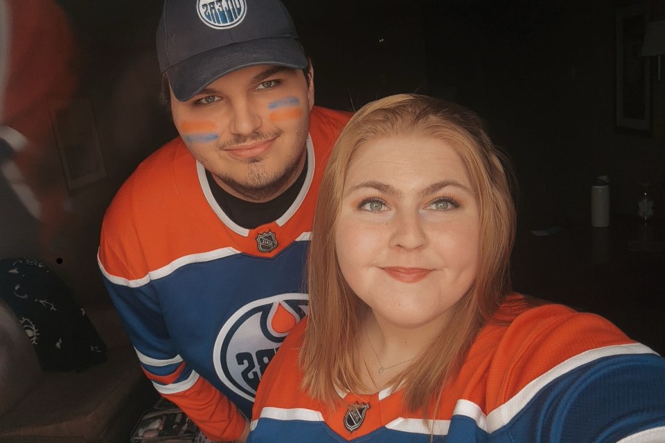 Austin and Cassidy Blanchard at an Edmonton hotel before the game four match between the Oilers and Golden Knights.