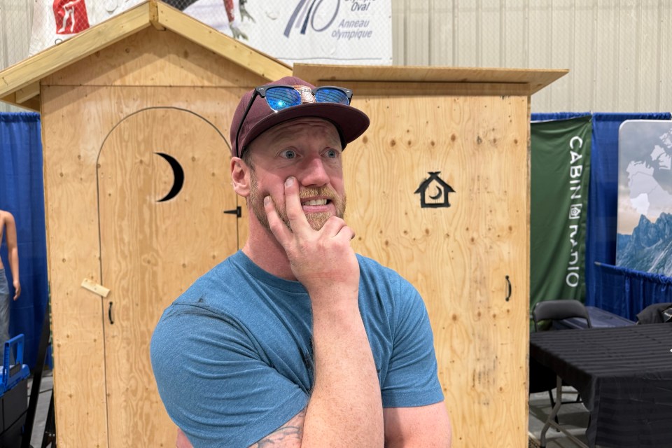 Left: Skills Canada outhouse. Right: Cabin Radio outhouse. Centre: Perturbed man. Ollie Williams/Cabin Radio