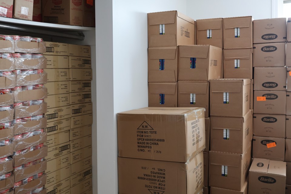 Supplies at the Norman Wells food pantry. Aastha Sethi/Cabin Radio