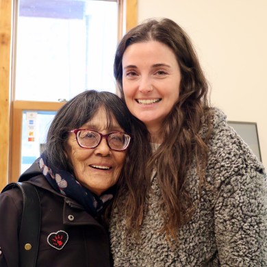 Norman Wells Historical Centre manager Kelsey Henderson, right, with Dora Grandjambe. Aastha Sethi/Cabin Radio