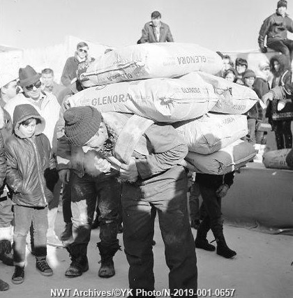 Knud Rasmussen during his epic flour-packing contest appearance at the 1969 Caribou Carnival. NWT Archives/YK Photo fonds/N-2019-001: 0657