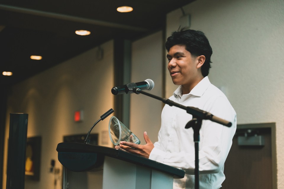 Mario Hernandez receives the junior male athlete of the year award from Sport North in May 2025. Sarah Pruys/Sport North