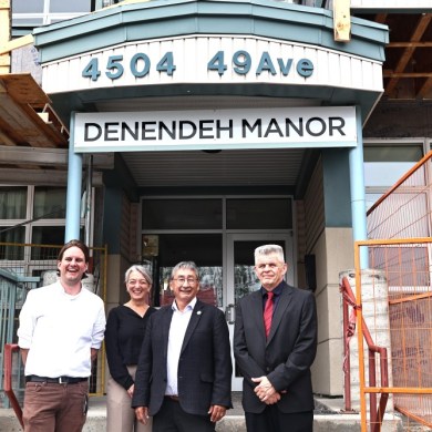 From left: Yellowknife Mayor Ben Hendriksen, federal environment minister Julie Dabrusin, CEO of Denendeh Manor GP Ltd Darrell Beaulieu, and NWT environment minister Jay Macdonald. Emily Blake/Cabin Radio