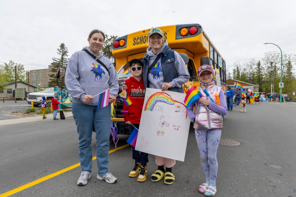 From left: Adria, Byron, Danielle and Wren at the parade. Ollie Williams/Cabin Radio