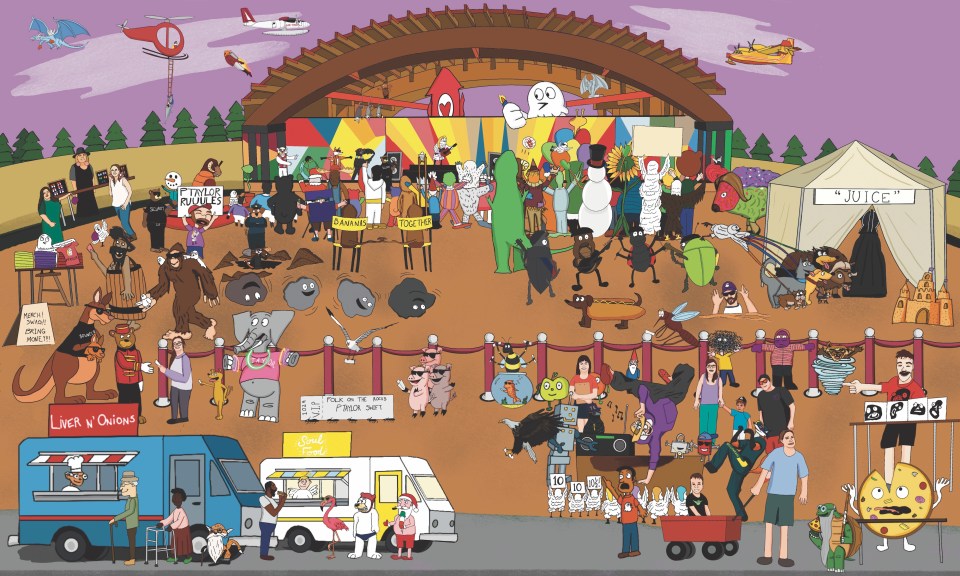 Illustrated drawing of a music festival featuring humorous characters