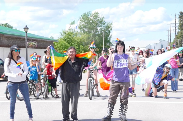 Participants in a Pride walk in Fort Smith on June 14, 2025. Karli Zschogner for Cabin Radio