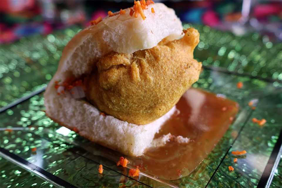 Close-up of a potato fritter slider