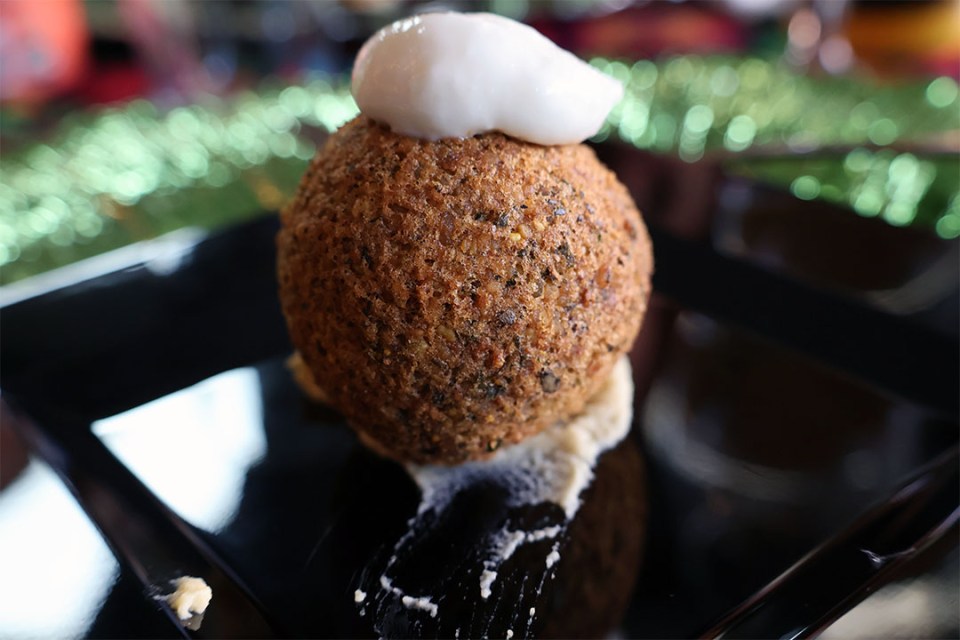 Close-up of falafel topped with creamy garlic sauce
