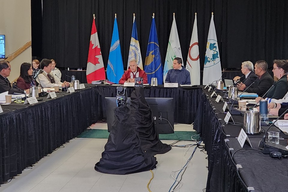 Mark Carney with Natan Obed and Inuit leaders on Thursday morning. Karli Zschogner for Cabin Radio