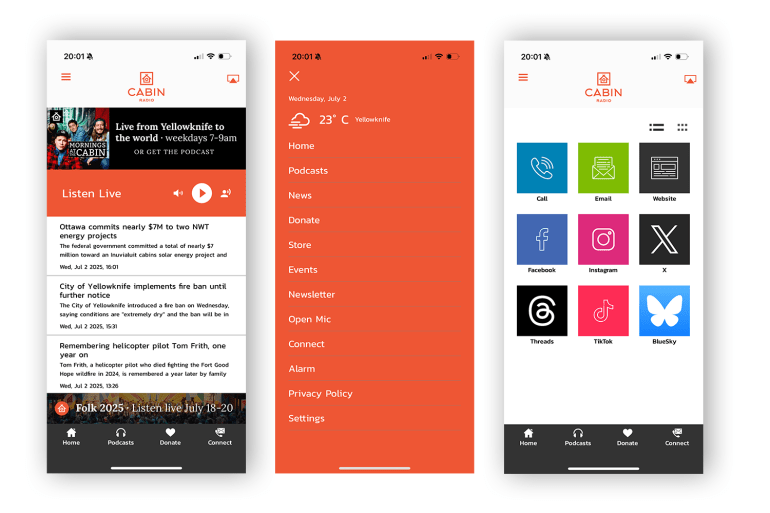 Screengrabs from the Cabin Radio app.