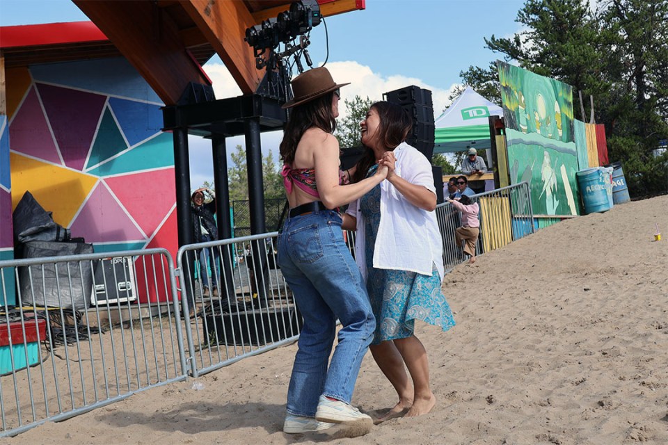 Two women dance in the sand