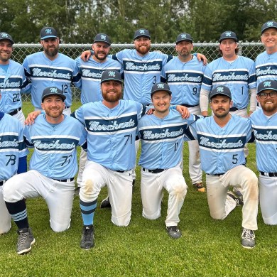 The Yellowknife Merchants. Back row from left: Brian Couvrette, Steve Thomas, Garrett Hinchey, Chad Hinchey, Ryan Nichols, Andy Williams, Brent Hinchey (coach). Front: Trent Dundas, Ryan Theil, Devin Hinchey, Devin Case, John White, Ryan Simpson. Photo submitted by Garrett Hinchey